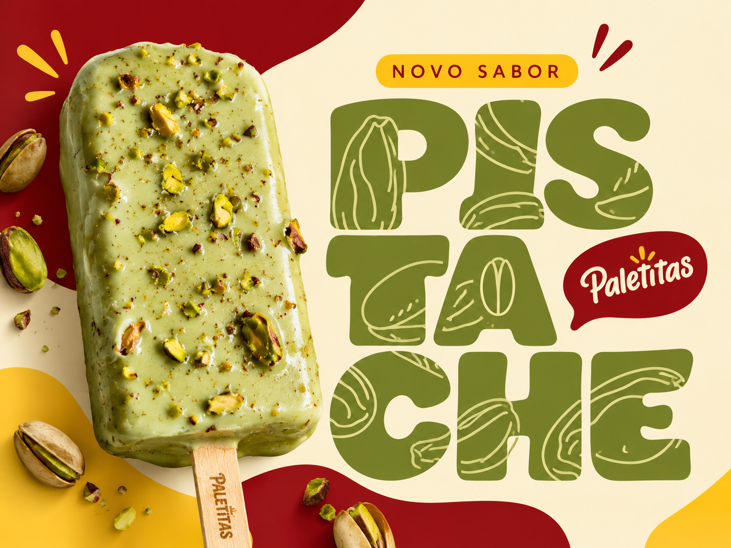 Paleta de pistache da Paletitas com pistaches ao redor