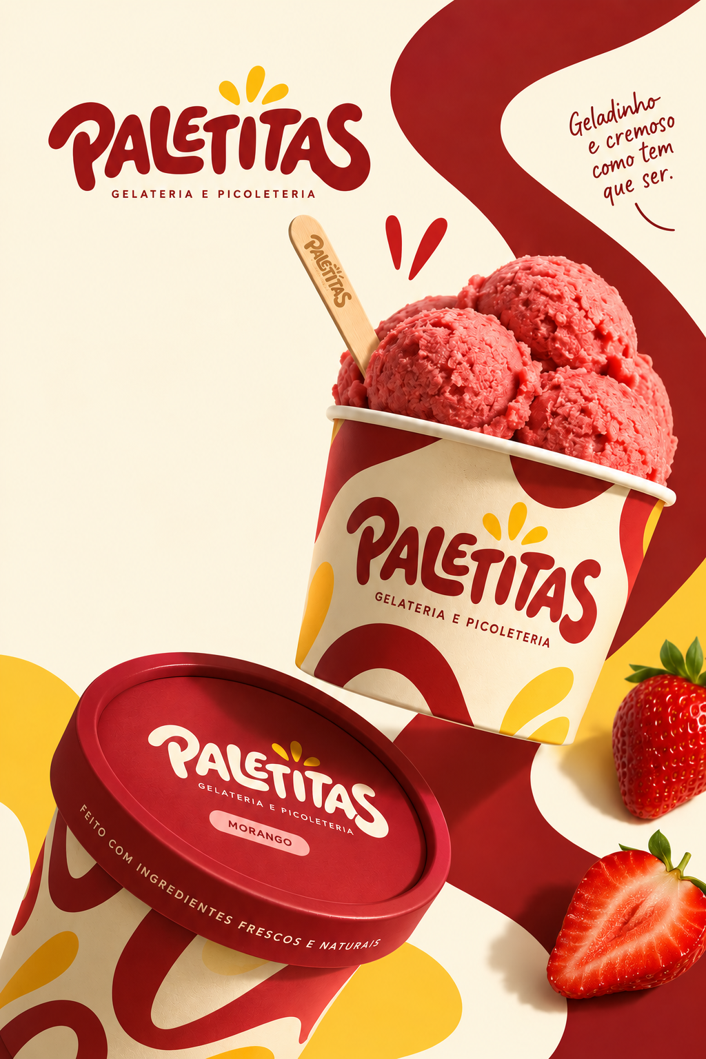 Copo da Paletitas com gelato de morango