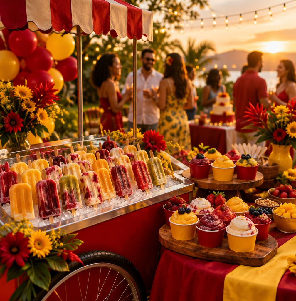 Carrinho de paletas e gelatos da Paletitas em uma festa ao pôr do sol