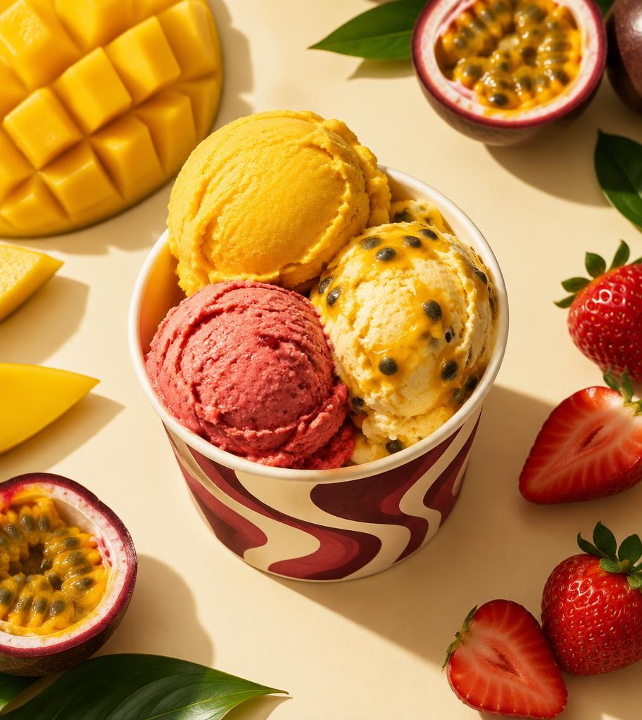 Copo com bolas de gelato de manga, maracujá e morango