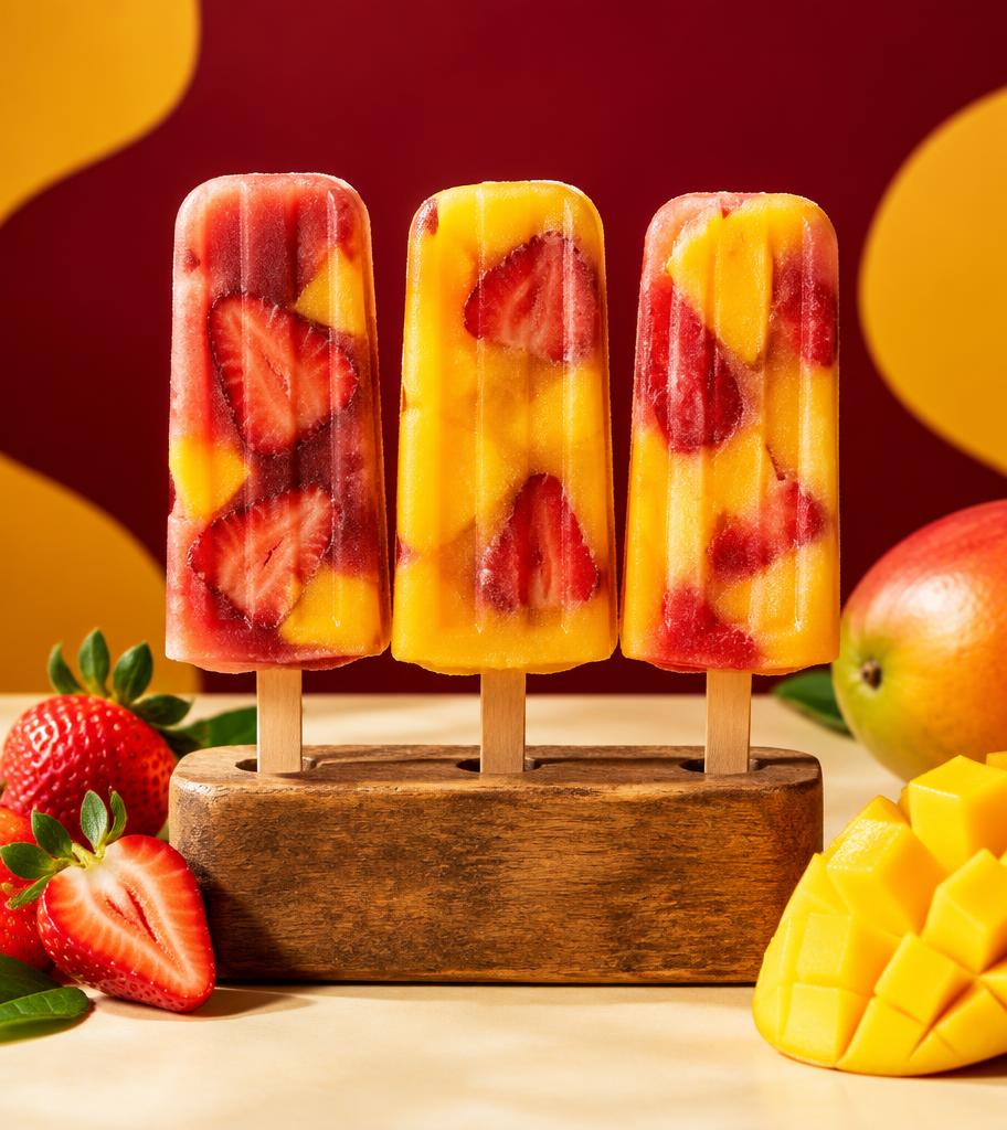 Paletas artesanais de morango e manga da Paletitas